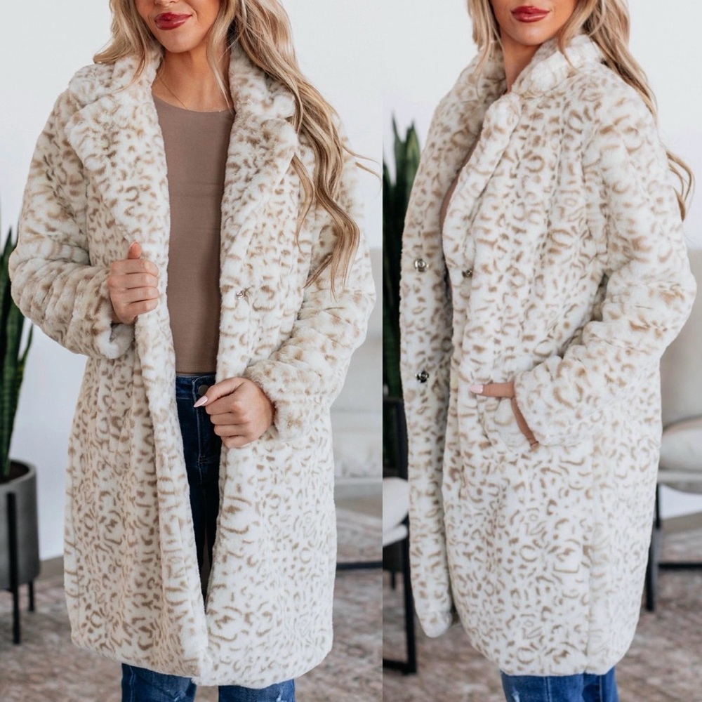 . Cream Leopard Faux Fur Sherpa Button Up Long Sleeve Pocketed Coat